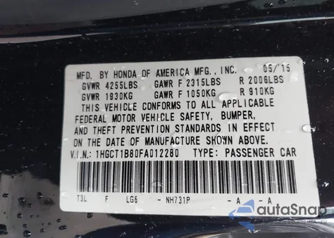 2015 Honda Accord Ex-L z USA, uszkodzony, nr VIN 1HGCT1B80FA012280